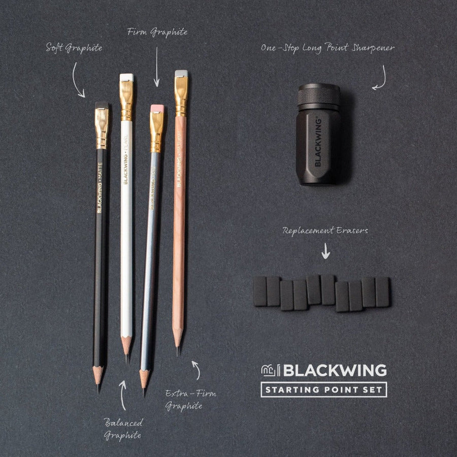 Blackwing Starting Point Set - 4 Pencils, One-Step Sharpener and Replacement Erasers