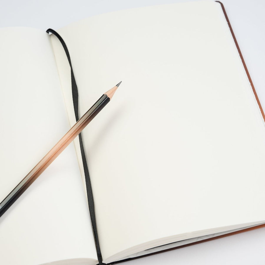 Blackwing x Fender notebook lays open with a pencil on top